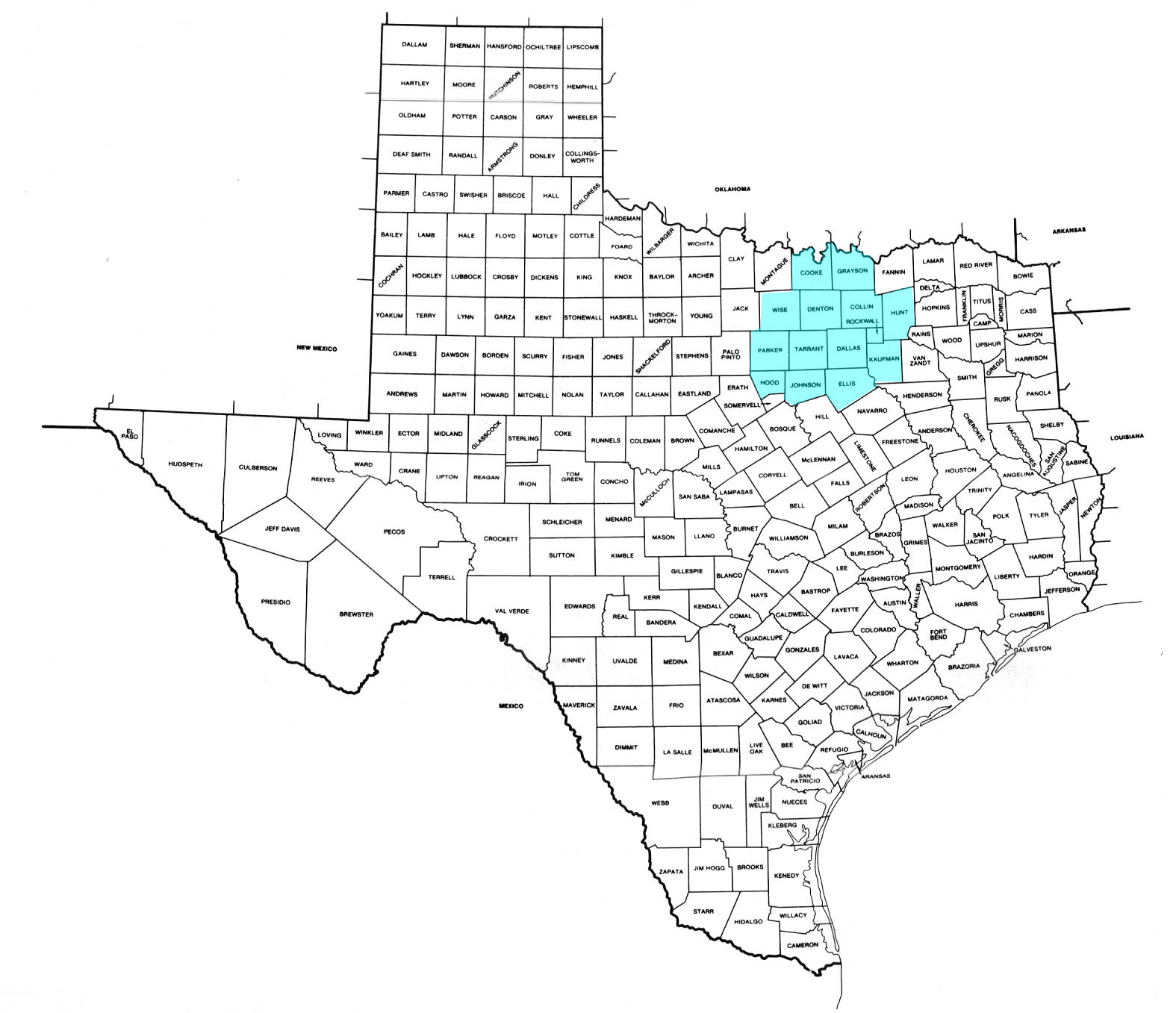 Map of Texas counties with the 14 counties served by Metroplex Appraisal Network highlighted: Collin, Cooke, Dallas, Denton, Ellis, Grayson, Hood, Hunt, Johnson, Kaufman, Parker, Rockwall, Tarrant and Wise